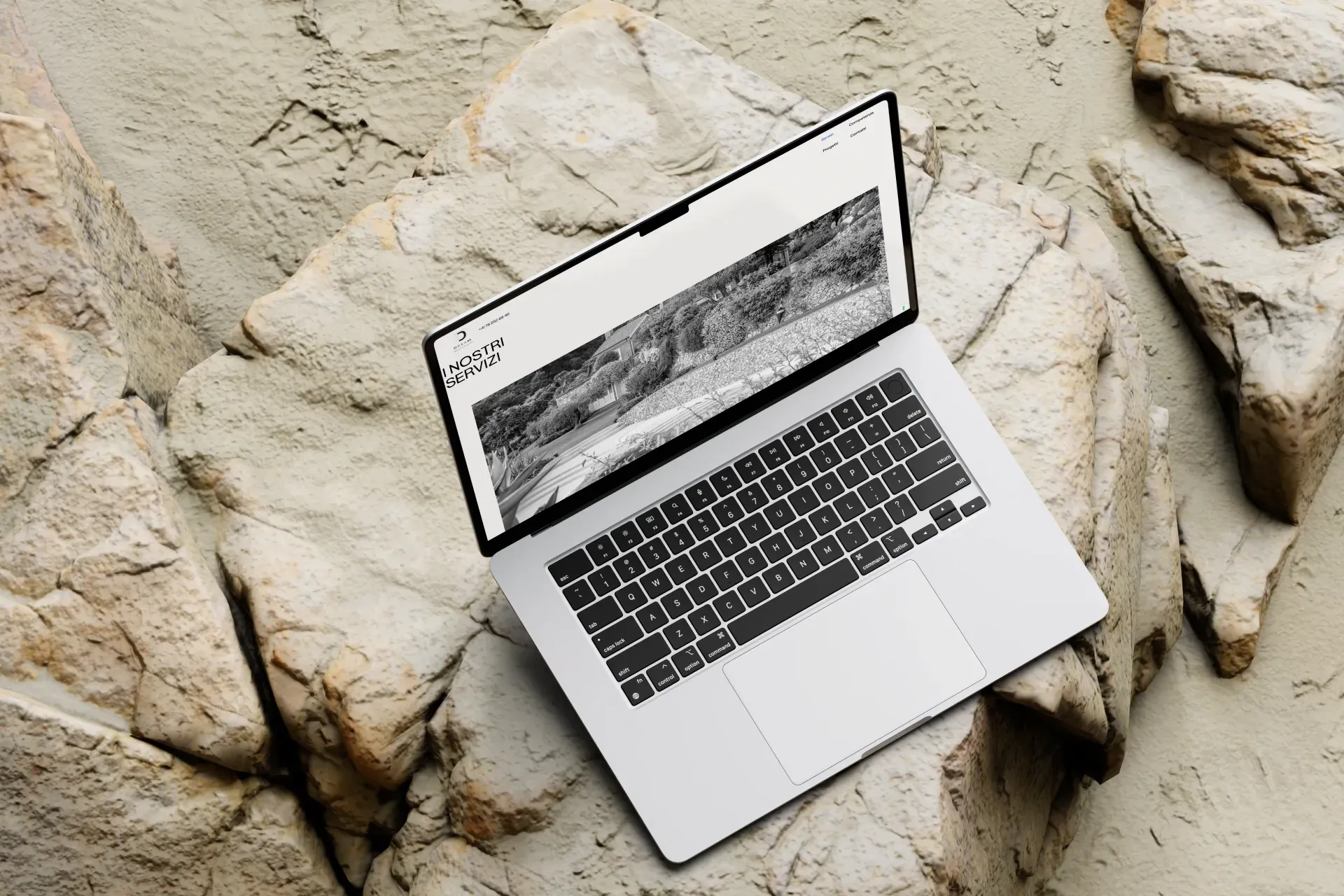 Dream Project Solution, laptop mockup with services page and panoramic hero