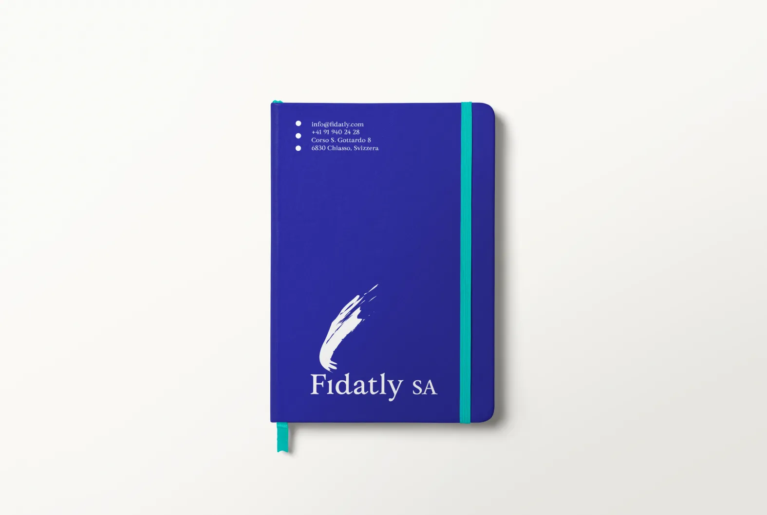 Fidatly SA, blue notebook mockup with logo, contacts and turquoise elastic closure