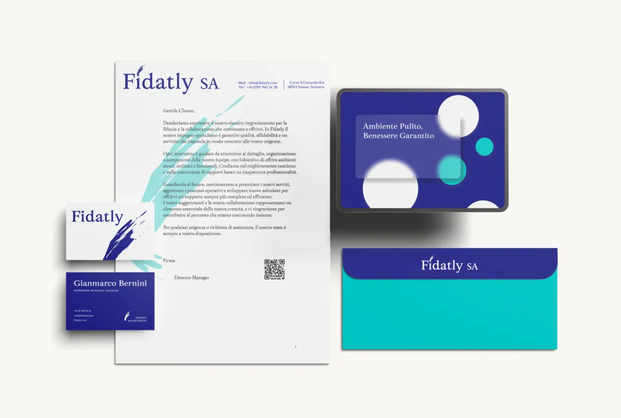 Fidatly SA, corporate materials: letterhead, business card, tablet and envelope with new brand identity