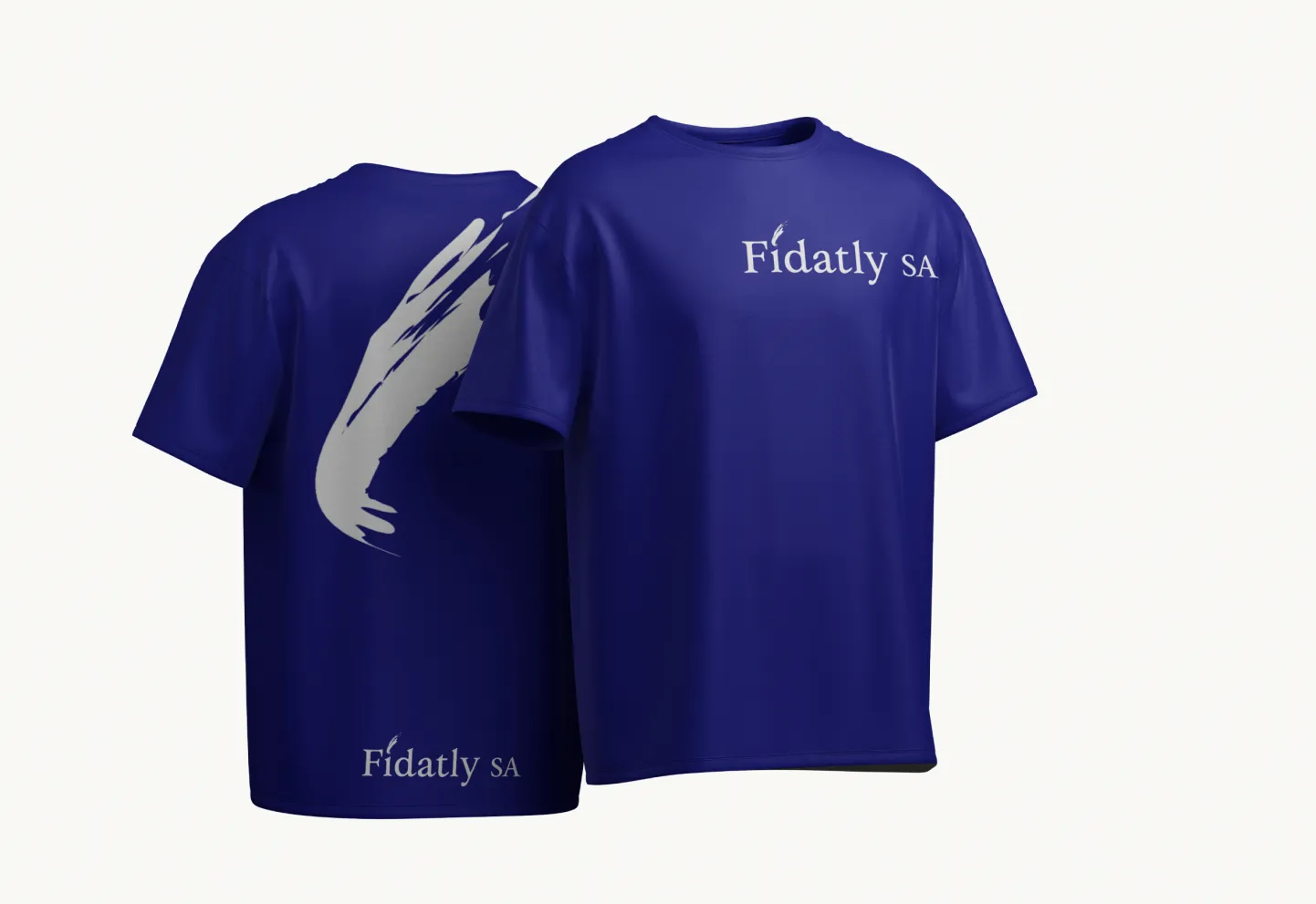 Fidatly SA, blue t-shirt mockup with logo and swoosh on the back