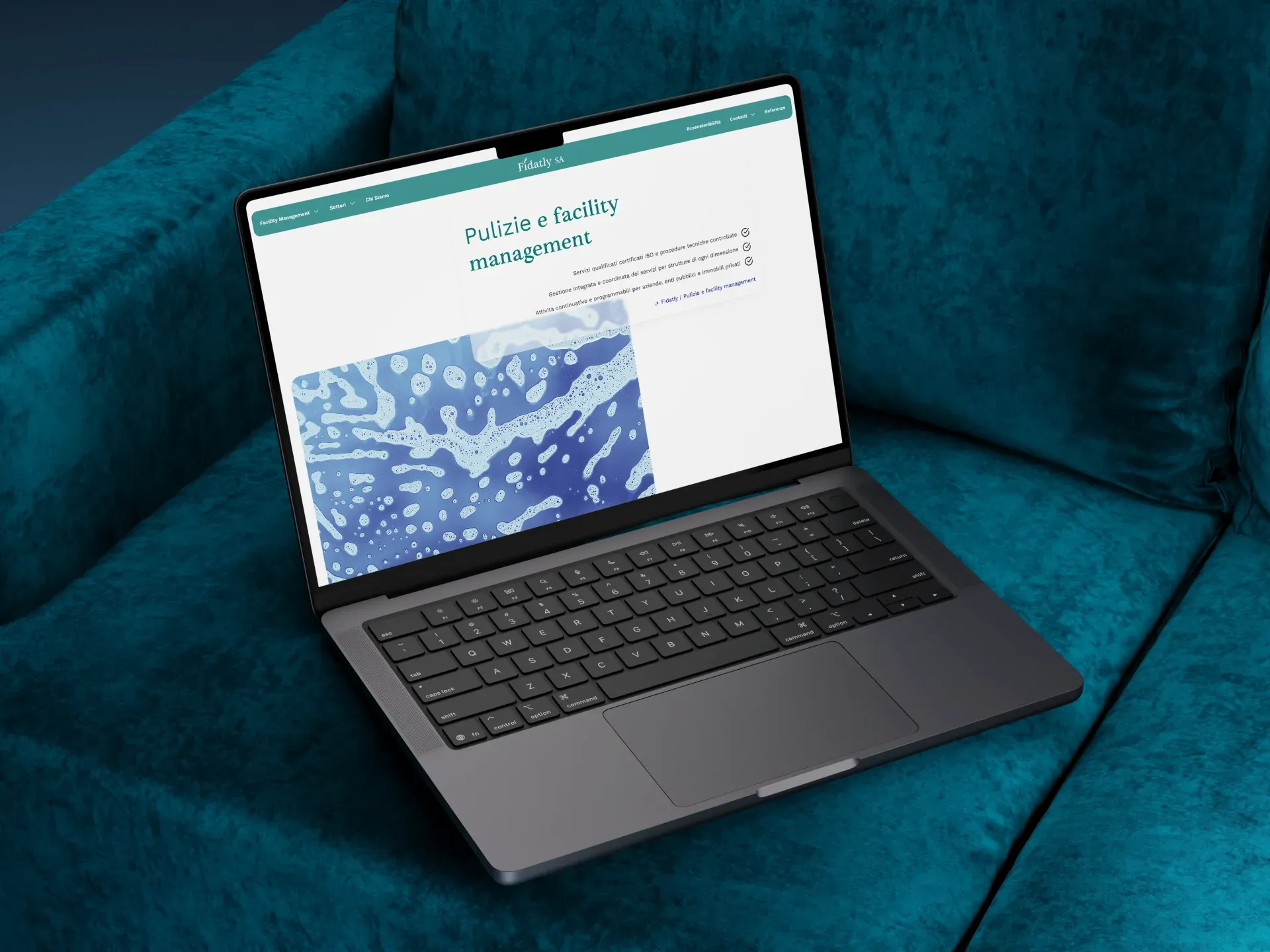 Fidatly SA, Cleaning and facility management page with water visual