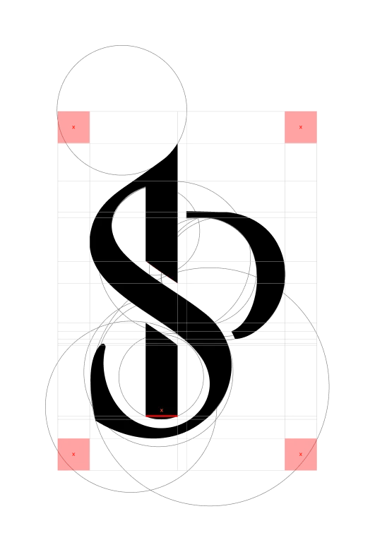 Sam & Partners SA, construction grid of the SP monogram with guide circles and proportions