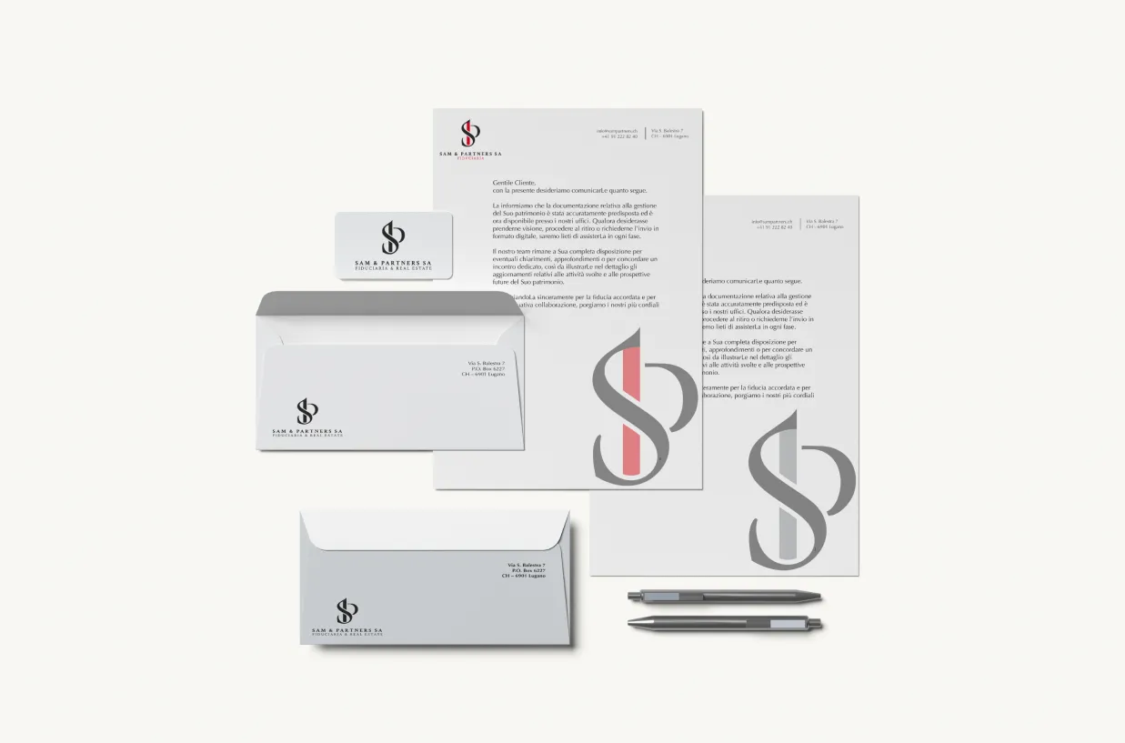 Sam & Partners SA, full stationery: letterhead, envelopes, business card and pen with SP monogram