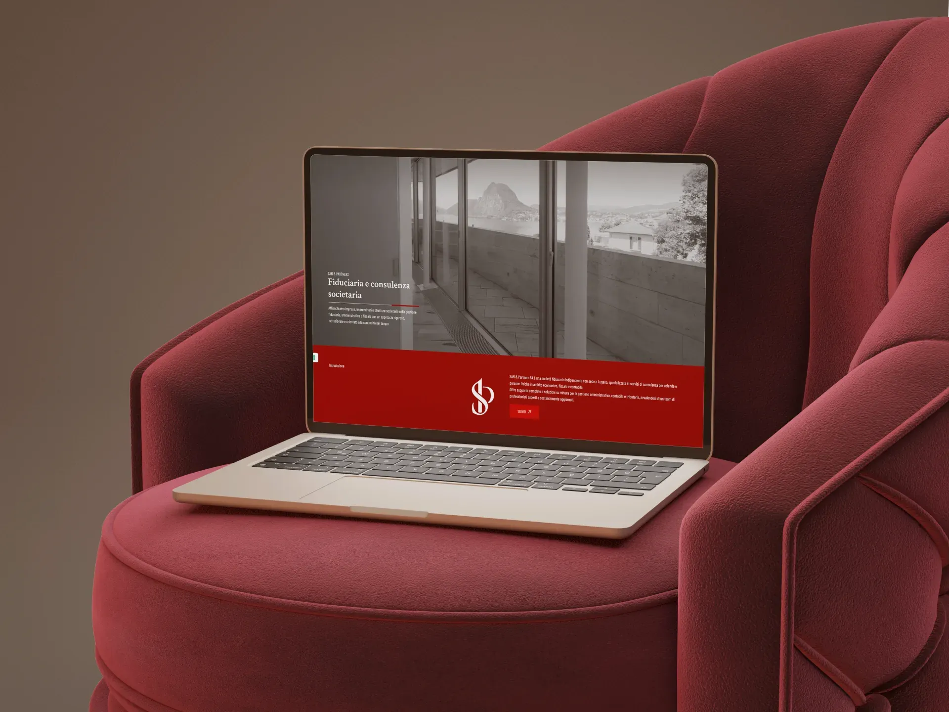 Sam & Partners SA, laptop mockup on burgundy armchair with trustee section