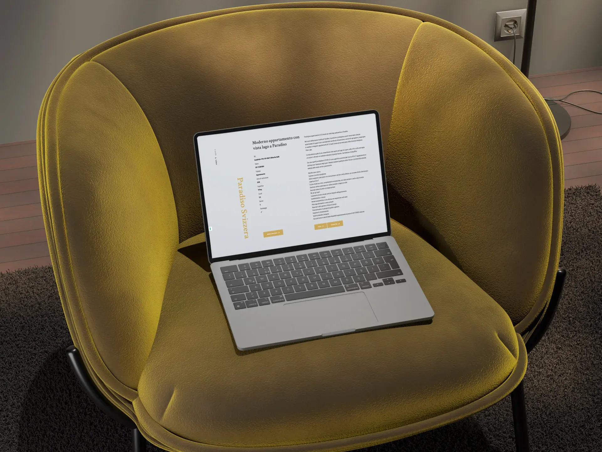 Sam & Partners SA, laptop mockup on yellow armchair with real estate section and gold accent