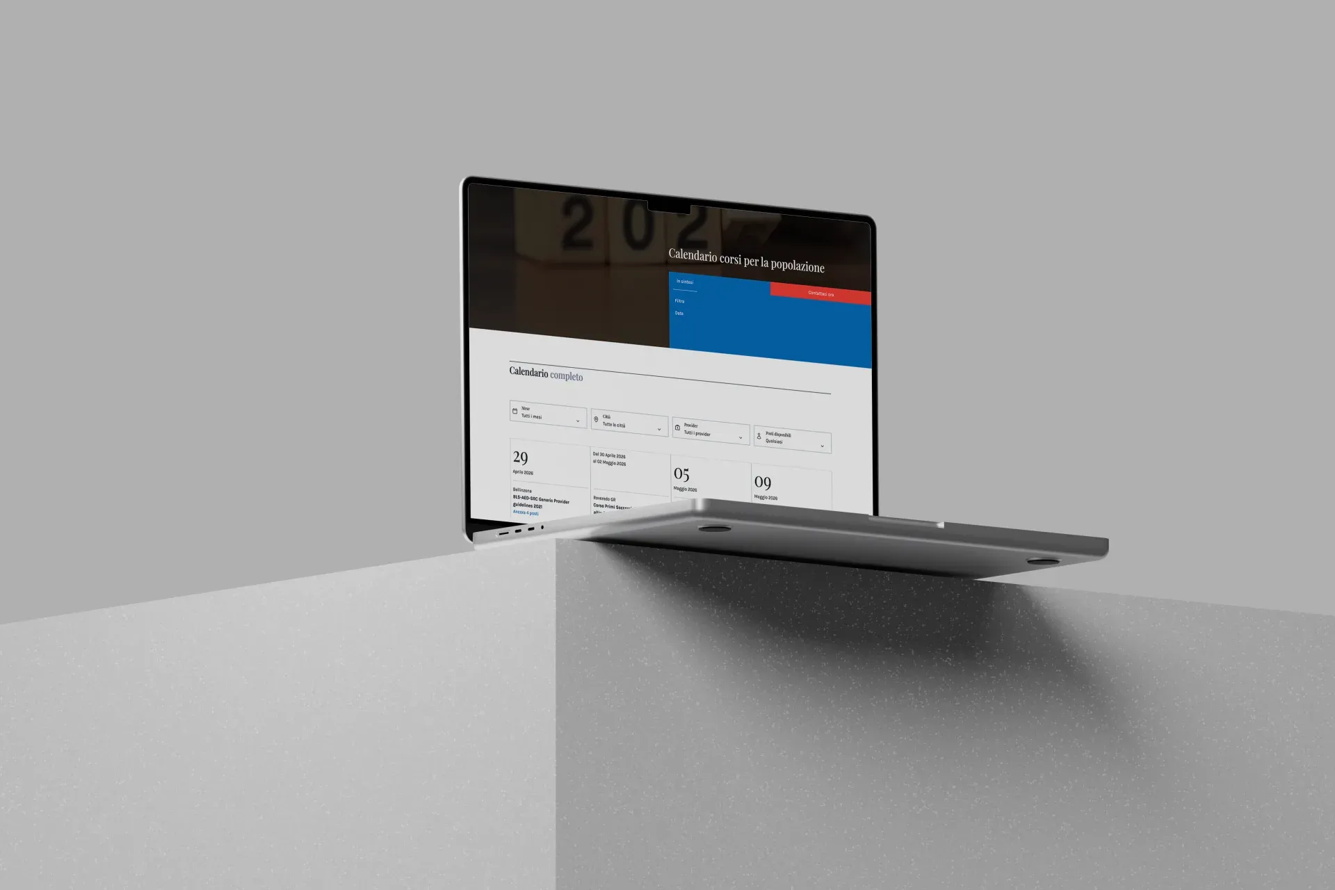 FCTSA, laptop mockup with courses calendar, date and venue filters and available seats count