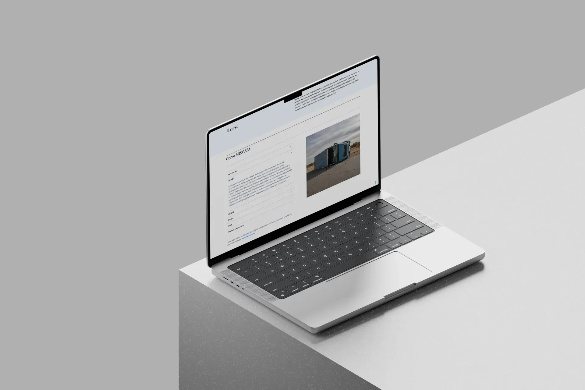 FCTSA, laptop mockup with specific course page, programme description and photo of emergency equipment