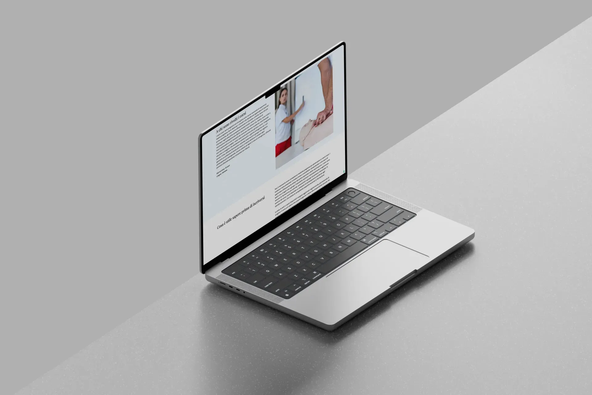 FCTSA, laptop mockup with course detail page, photo of first aid manoeuvres and operational information