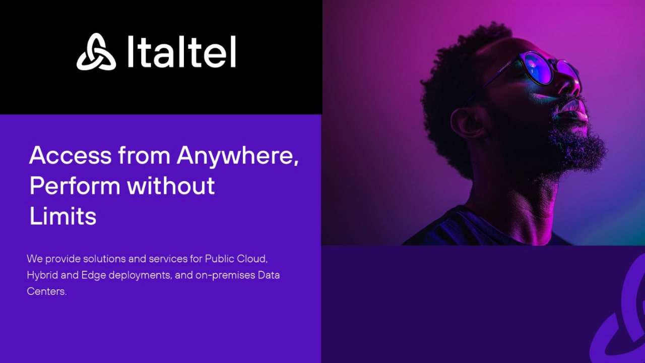 Italtel, brand identity system shown on an editorial asset