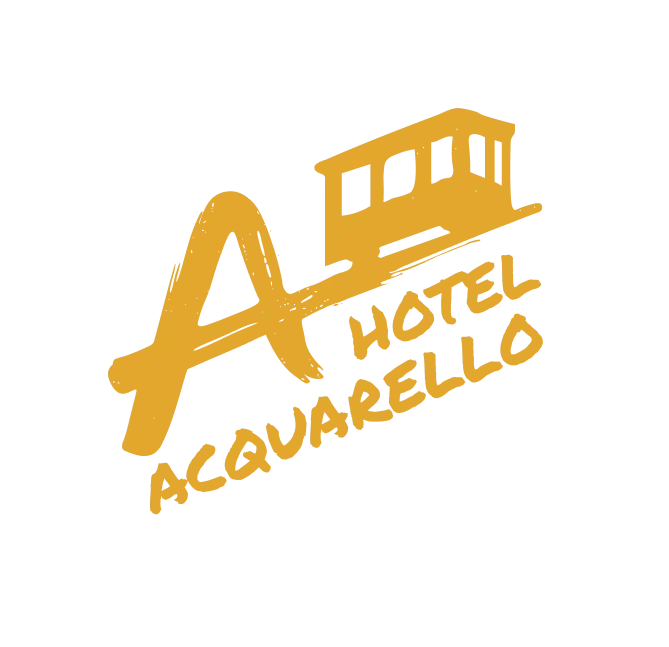 Hotel Acquarello, full logo with watercolour letter A and Lugano funicular in ochre yellow
