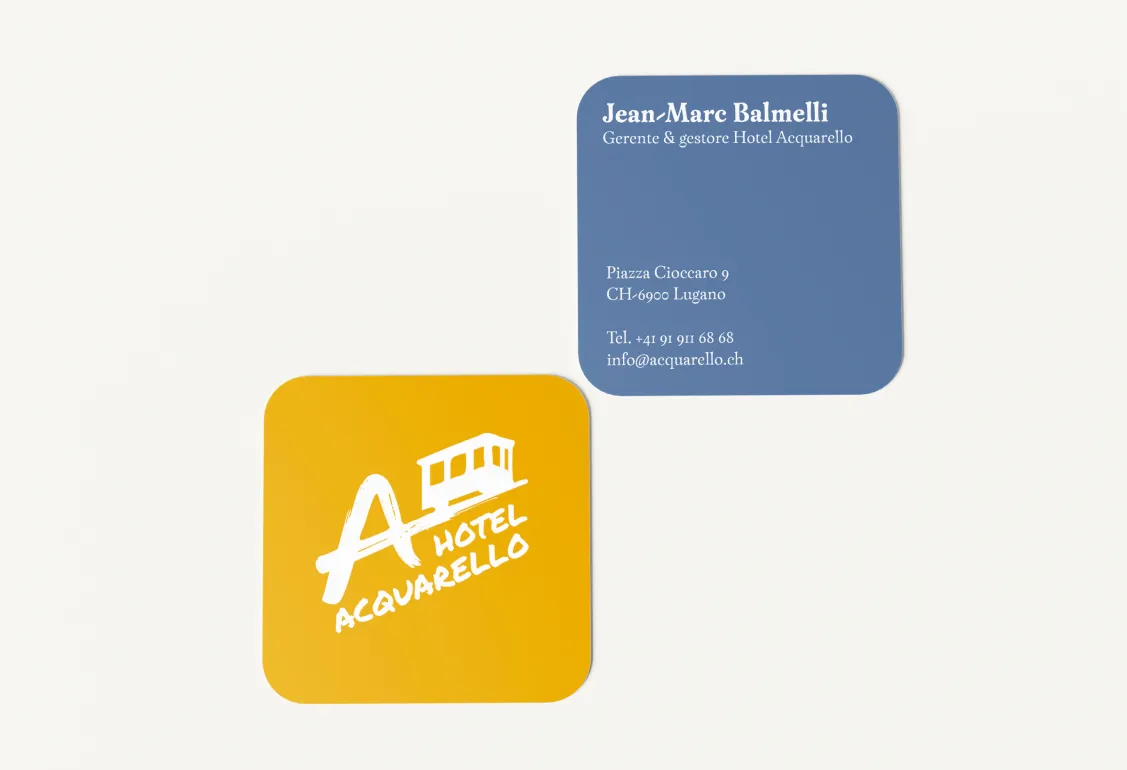 Hotel Acquarello, rounded business cards, yellow with logo and blue with manager contact details