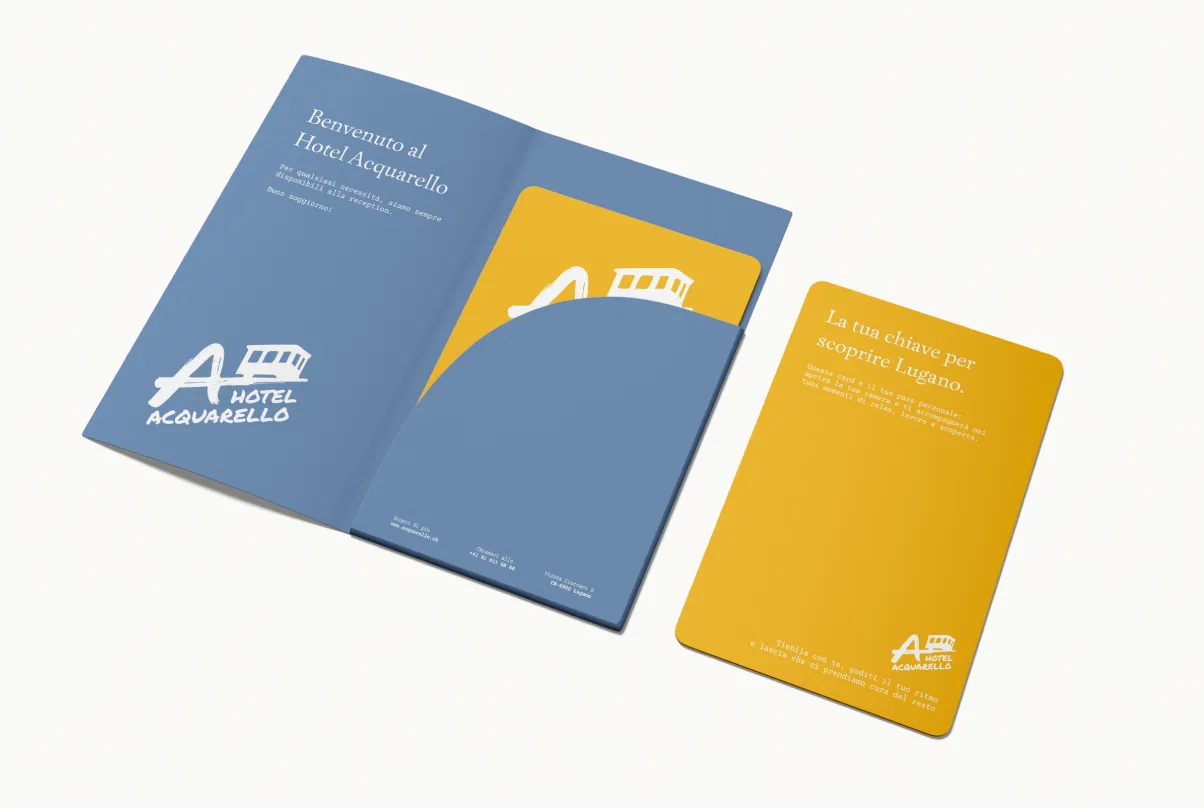 Hotel Acquarello, blue keyring with welcome message and yellow keycard reading "Your key to discover Lugano"