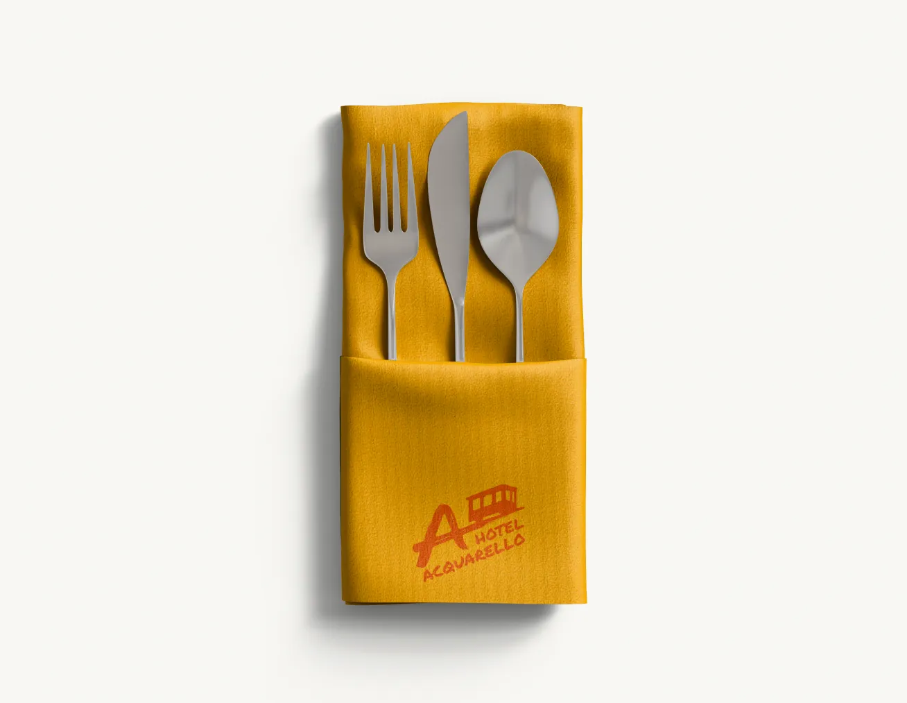 Hotel Acquarello, yellow napkin with cutlery and printed funicular logo