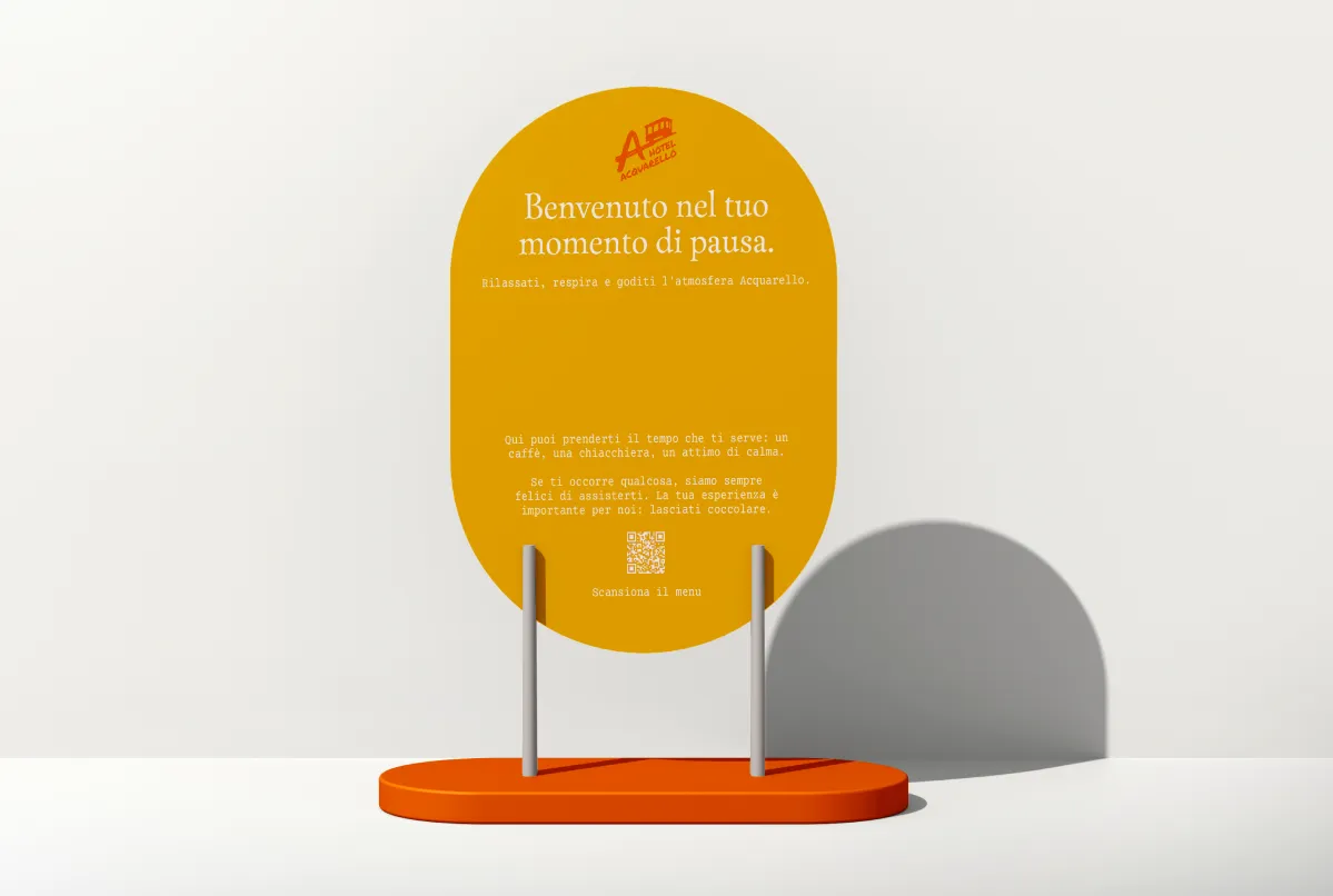 Hotel Acquarello, yellow tabletop sign with welcome message, menu QR code and orange base