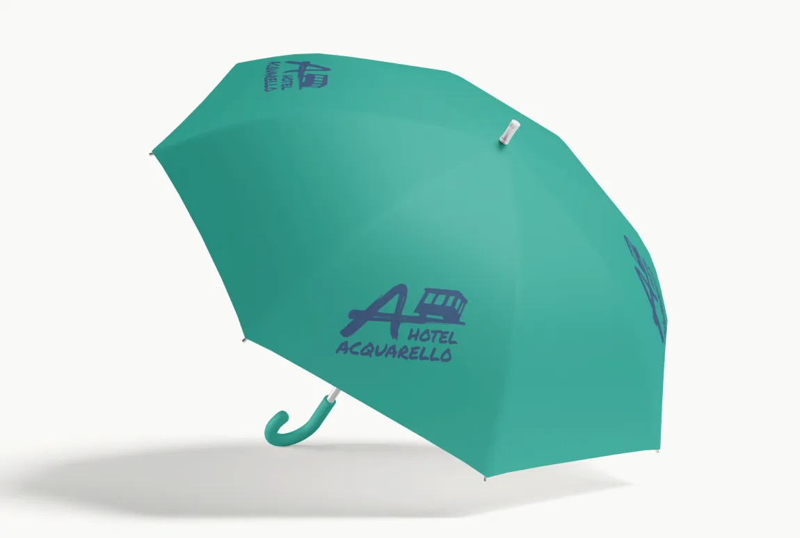 Hotel Acquarello, aqua green umbrella with funicular logo printed in blue