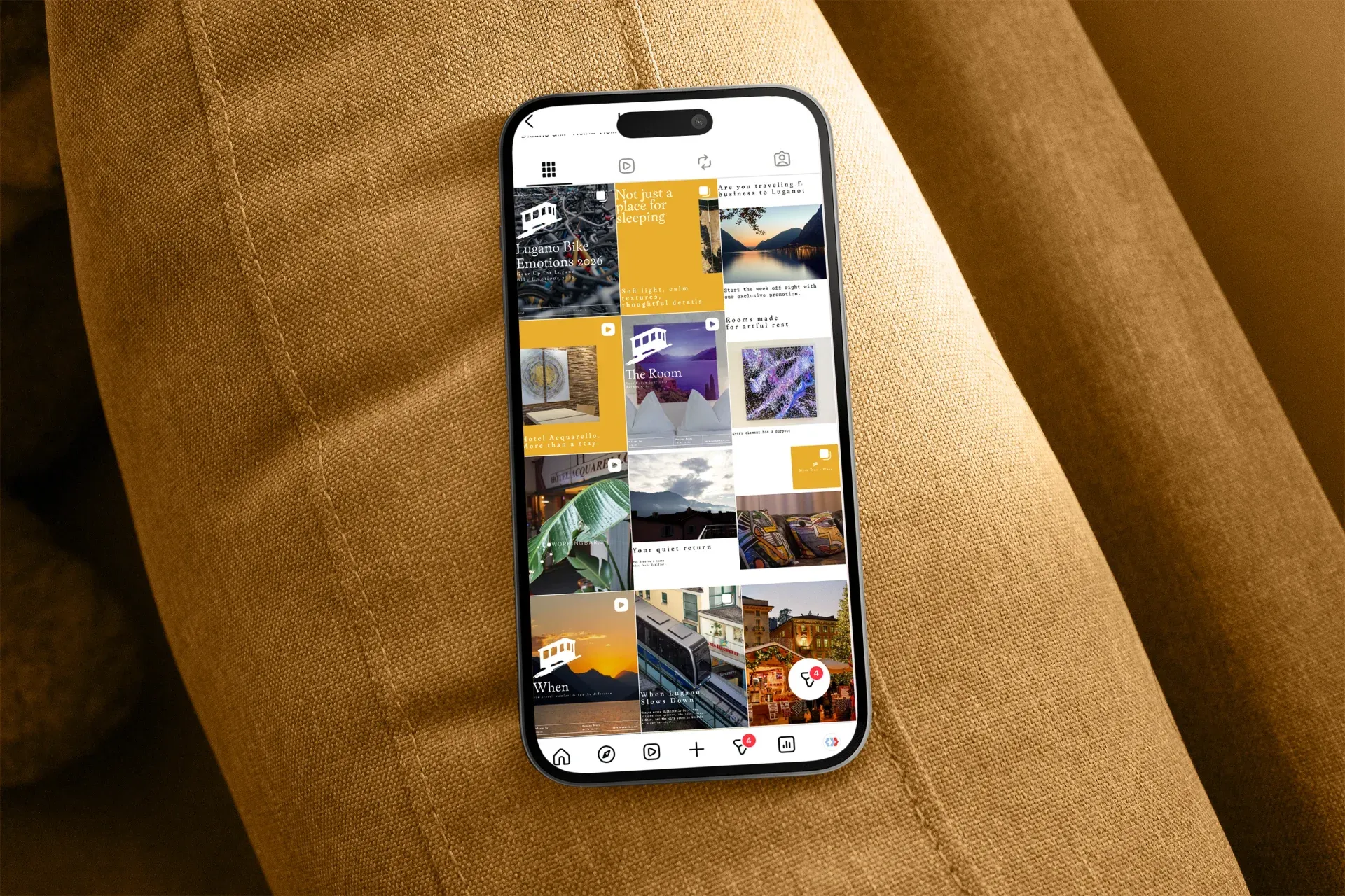 Hotel Acquarello, iPhone mockup on armchair with Instagram grid of the hotel profile, content in yellow and blue palette