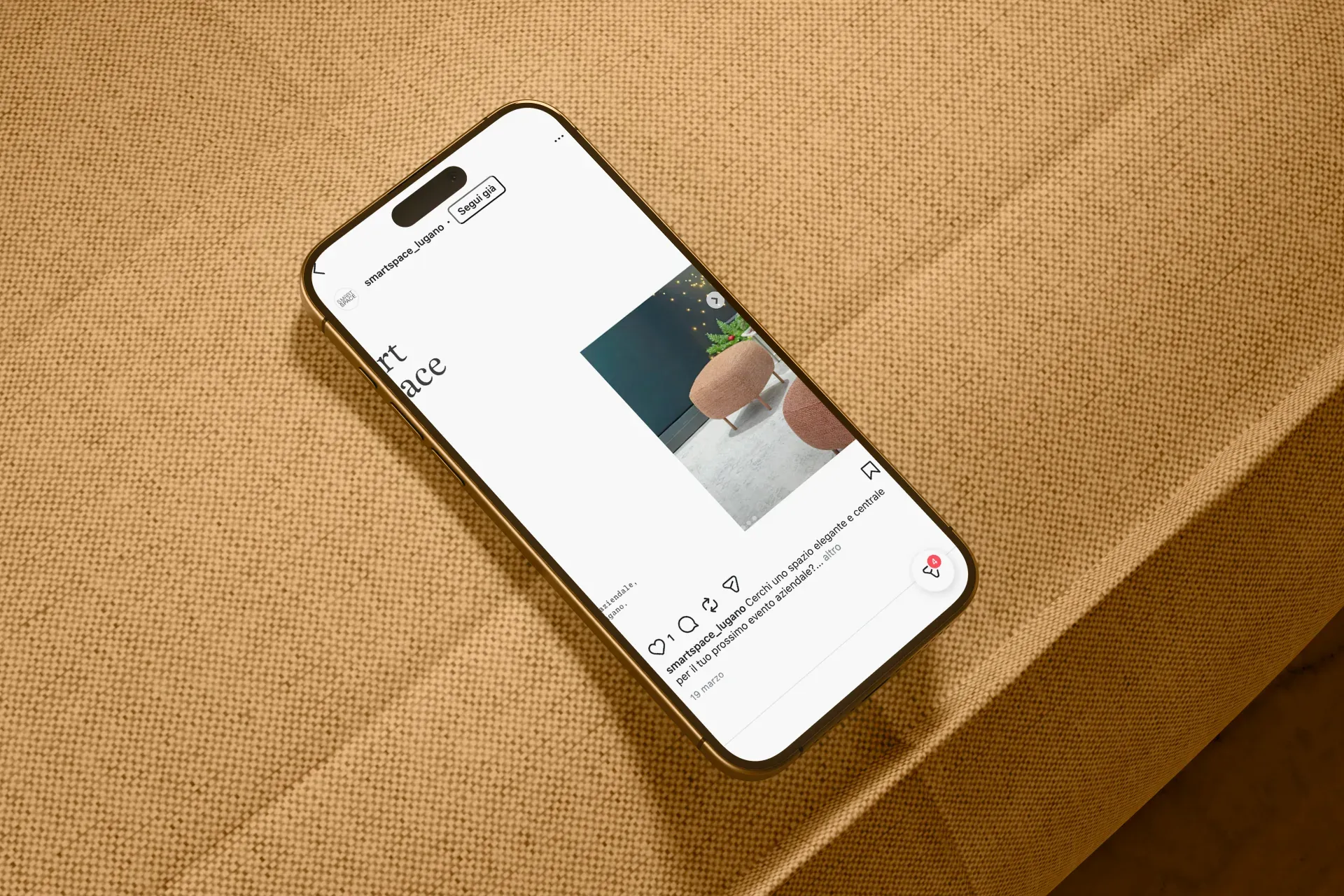 Hotel Acquarello, iPhone mockup on armchair with Smart Space Instagram post, B2B event hall