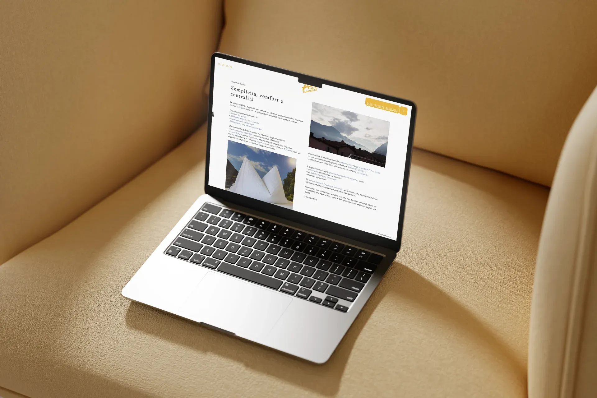 Hotel Acquarello, laptop mockup on beige armchair with services page and hotel description