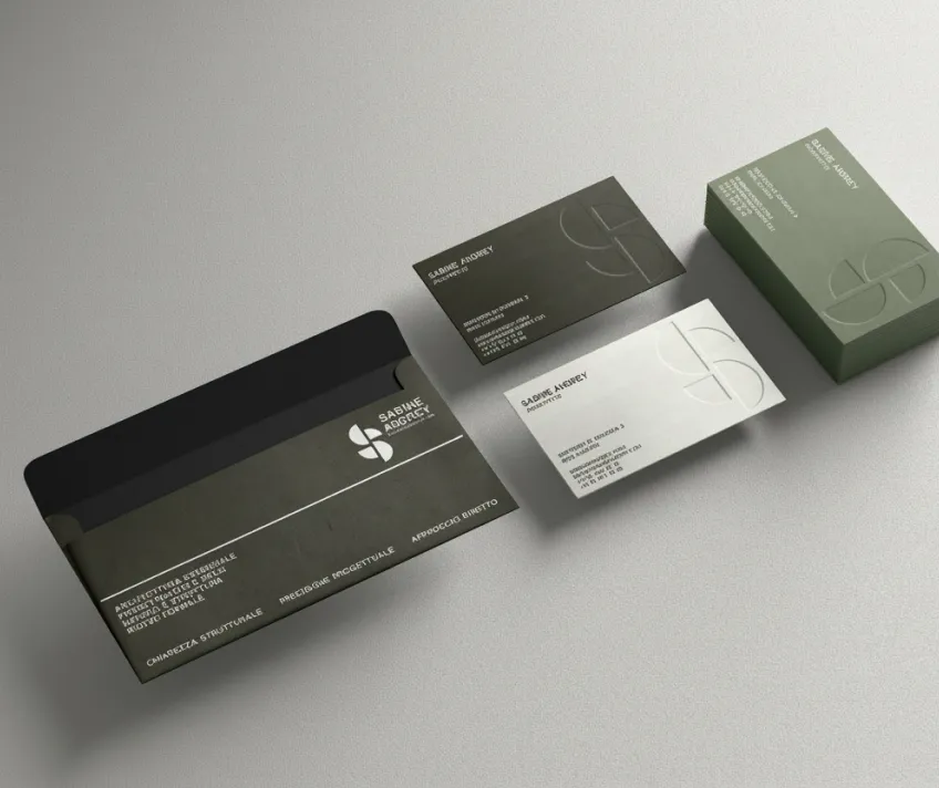 Studio Sabine Andrey, business card with geometric logo and cream palette