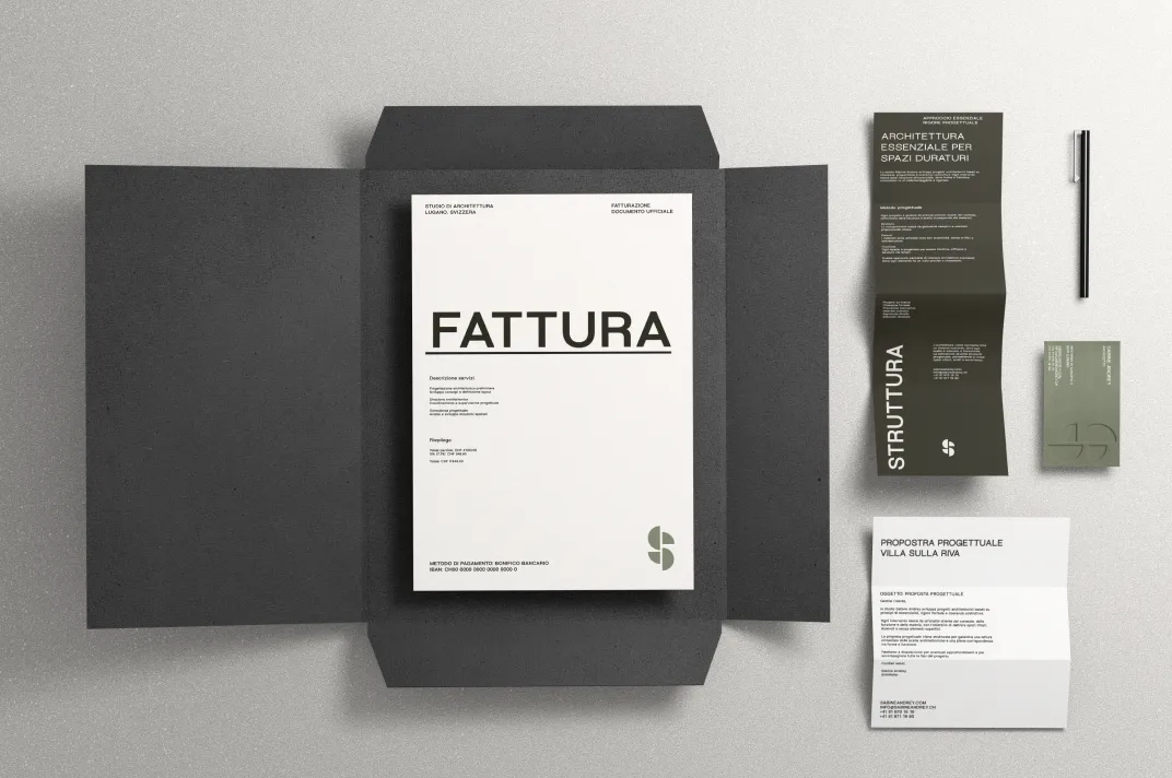Studio Sabine Andrey, stationery mockup with letterhead and A4 invoice