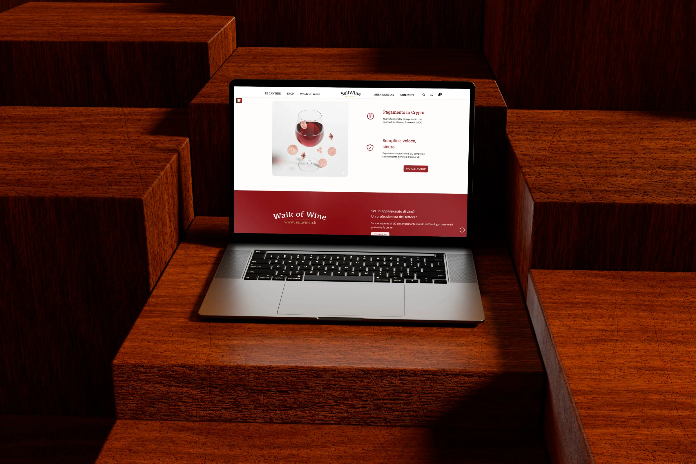 SellWine, interior page mockup with wine detail and multilingual Walk of Wine editorial blog