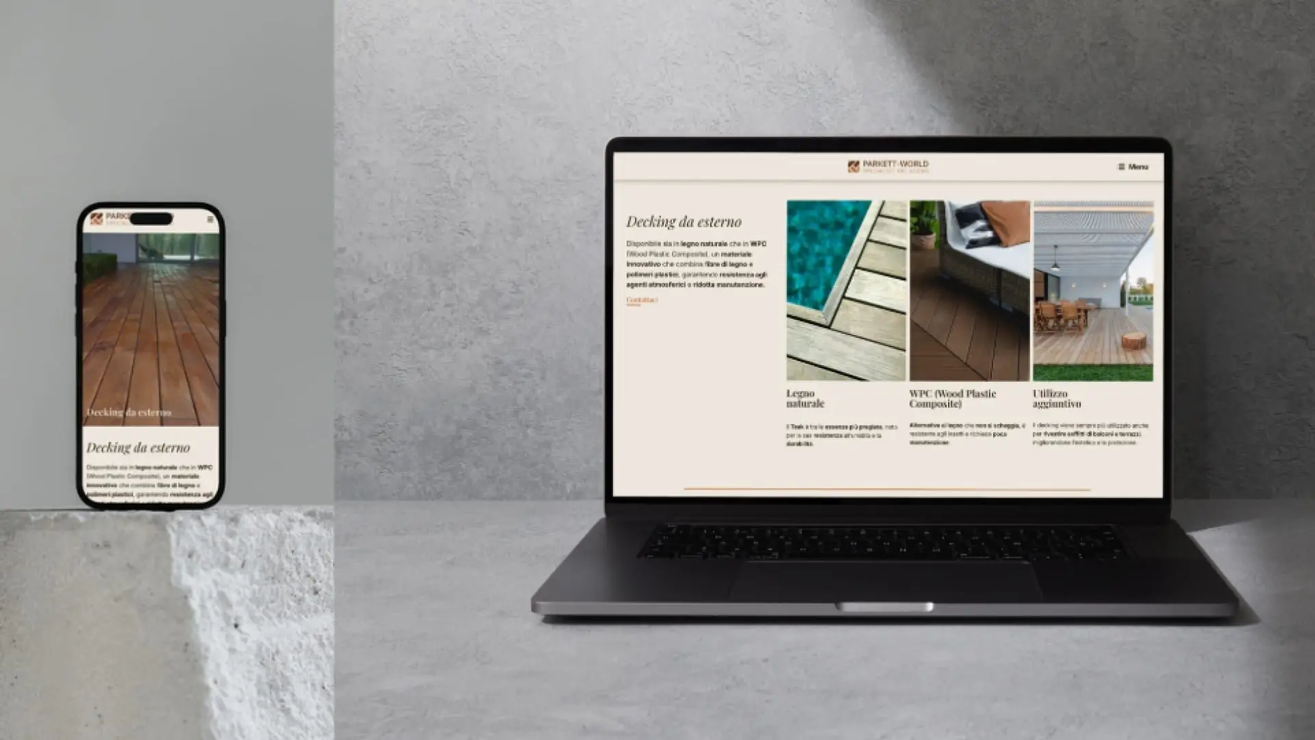 Parkett World, dettaglio UI mobile con navigazione prodotti